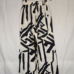Black & Off White Tribal Linen Blend Wide Leg Pants